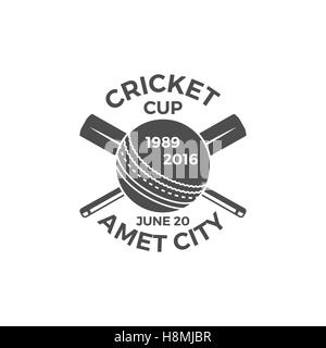 Cricket Cup Emblem und Design-Elemente. Turnier-Logo. Stempel. Sport Symbole mit Ausrüstung, Ausrüstung. Nutzung für Web, t-Shirt oder Druck auf T-shirt. Monochrom Stockfoto