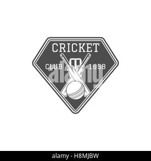 Cricket Club-Emblem und Design-Elemente. Team-Logo. Stempel. Sport Spaß Symbole mit Ausrüstung - Schläger, Ball. Nutzung für Web, t-Shirt oder Druck auf T-shirt. Monochrom Stockfoto