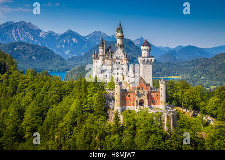 Klassische Ansicht des weltberühmten Schloss Neuschwanstein, einer der meist besuchten Burgen Europas, im Sommer, Bayern, Deutschland Stockfoto