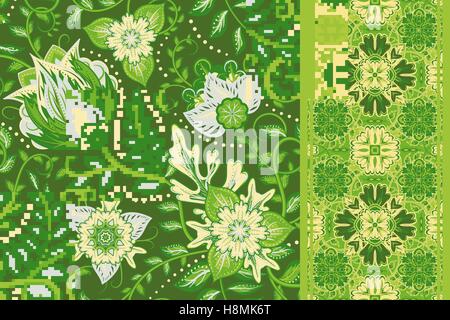 Satz von nahtlosen floralen Mustern und nahtlose Grenze. Texturen mit Blumen zu abstrahieren und zu verlassen. Vektor-Hintergründe. Stock Vektor