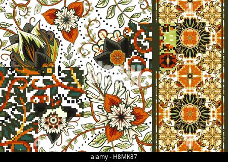 Satz von nahtlosen floralen Mustern und nahtlose Grenze. Texturen mit Blumen zu abstrahieren und zu verlassen. Vektor-Hintergründe. Stock Vektor