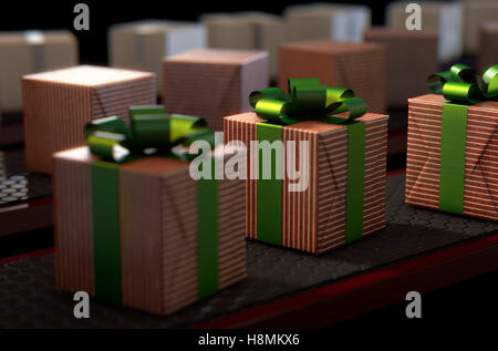 Ein 3D Rendering einer Produktionslinie von Weihnachts-Geschenk-Boxen in unterschiedlichen Stadien der Verpackung auf Förderbändern Stockfoto