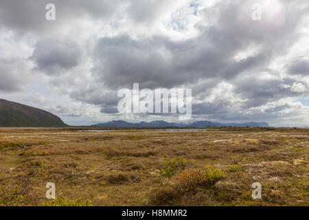 Stave Camping & Hot Pools. Die Moorgebiete rund um das Dorf Stave. Bleik, Andenes, Lofoten Inseln, Norwegen. Stockfoto