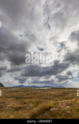 Stave Camping & Hot Pools. Die Moorgebiete rund um das Dorf Stave. Bleik, Andenes, Lofoten Inseln, Norwegen. Stockfoto