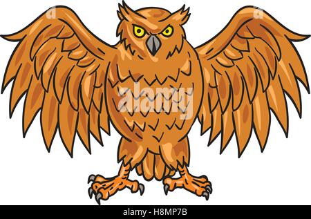 Zeichnung Skizze Stil Illustration eine wütende Eule nach vorne mit Verbreitung Flügel am isolierten weißen Hintergrund. Stock Vektor