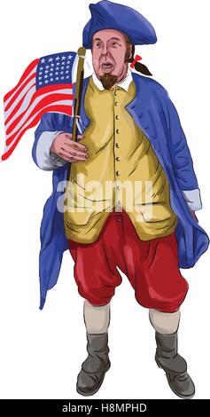 Aquarell-Stil Illustration ein amerikanischer Patriot schreien mit Usa Flagge von vorne am isolierten weißen Zeitmessung angesehen Stock Vektor