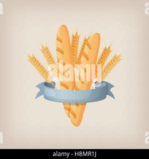 Baguette mit Ohren und Band. Bäckerei Zeichen oder Logo. Stock Vektor