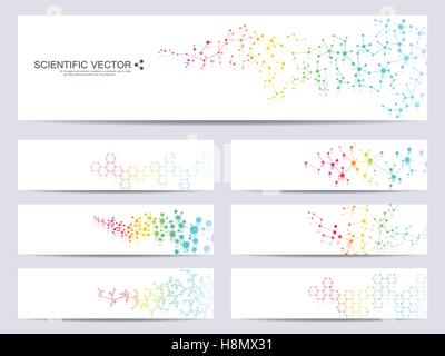 Satz von modernen wissenschaftlichen Banner. DNA-Molekül Struktur und Neuronen. Zusammenfassung Hintergrund. Medizin, Wissenschaft, Technik. Vektor-Illustration für Ihr Design. Stock Vektor