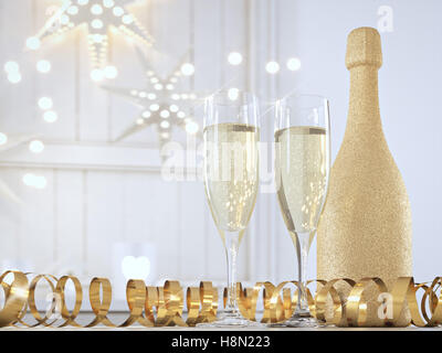 zwei Gläser mit Champagner und Flasche. 3D-Rendering Stockfoto