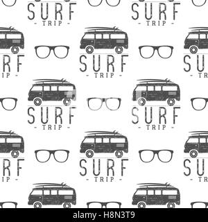 Vektor Surfen Seamless Pattern mit Glas surfen. Surfer van, Gläser Elemente. Surfen Sie rv Tapete Druck Design. Surfen-Combi. Sommer Druck, Hintergrundtextur. Surf-Urlaub-Reise. Silhouette. Stock Vektor