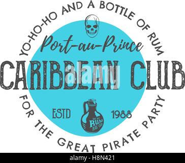 Vintage Handarbeit Label, Emblem. Caribbean Club Logo Vorlage. Skizzieren, gefüllt Stil. Piraten und Meer Symbole - alte rum Flasche, Piraten Schädel. Isoliert auf weiss. Retro-Stempel und Patch. Vektor. Stock Vektor