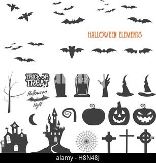 Satz von Halloween Design Creation Tool Kits. Symbole zu isolieren. Flache Urlaub Design Schöpfer. Party-Symbolen – Kürbis, Fledermaus, Hexen Hut, Vampir-Haus, einsame Baum. Erstellen Sie eigene beängstigend Design, t-Shirt, T-shirt. Stock Vektor