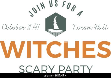 Halloween Hexen Party Etikettenvorlage mit Hut und Typografie-Elementen. Vektor-Briefe. Retro-Grunge-Patch für beängstigend Urlaub Feier. Bedrucken Sie t Shirt, t-Shirt, Flyer, Einladung Karten etc.. Stock Vektor