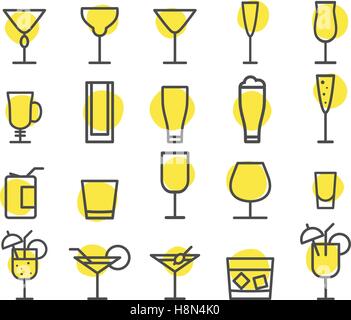 Getränke-Symbole festgelegt. Cocktail, Getränke Vektor Gliederungssymbole. Bier, Wein, Cognac-Embleme. Alkohol-Linie Cocktails Piktogramm isolieren auf Formen. Party Elemente isoliert. Symbole für Website, print. Vektor. Stock Vektor
