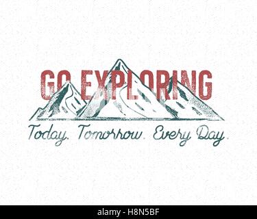 Abenteuer Vintage Label print-Design. Zeichen Entdeckungsreise gehen. Typografie-Stil mit Berge-Symbol. Am besten für t Shirt, authentische t-shirt Design. Vektor-illustration Stock Vektor