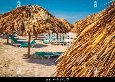 Strandhütten aus Stroh in Varadero, Kuba Stockfoto