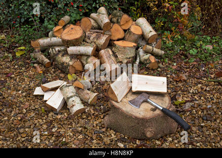 Haufen von Protokollen mit Axt für Brennholz geschnitten Stockfoto