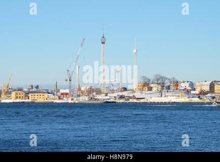 Stockholm-Kirmes aus über den Hafen im winter Stockfoto