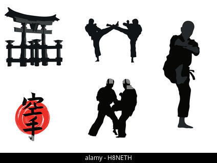 Hieroglyphe des Karate und Männer demonstrieren Karate. Stockfoto