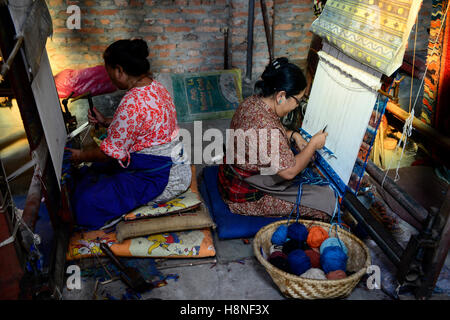 NEPAL Kathmandu, Lalitpur, tibetisches Flüchtlingslager Jawalakhel, Teppichfabrik JHC Jawalakhel Handicraft Center, tibetische Flüchtlingsfrauen Knoten Teppiche am Webstuhl für Einkommenserzeugung Stockfoto