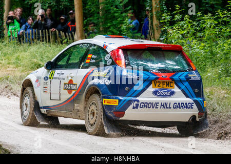 2001 Ford Focus WRC mit Fahrer David Wright auf der Rallye inszenieren auf der 2016 Goodwood Festival of Speed, Sussex, UK. Stockfoto