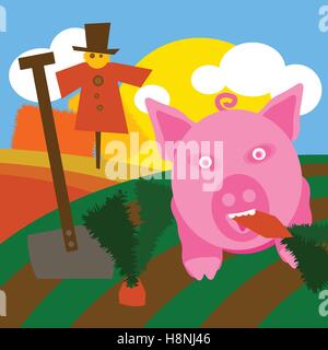 Landschaft Hintergrund Illustration mit Ackerland Felder und gesunde Schweine Stock Vektor