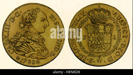 Eine 1788 spanische Goldmünze 8-Doubloon oder acht Stück, zeigt den Kopf des spanischen Königs Charles III, 1716 – 1788. Stockfoto