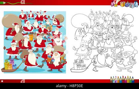 Malvorlagen Cartoon Buchillustration des Santa Claus Characters Group auf Weihnachten Stock Vektor