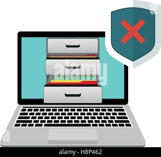 Laptop mit Boxen von Dokumenten und Sicherheitsfehler Stock Vektor