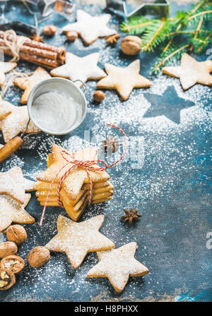 Weihnachtsstern geformt Cookies mit Gewürzen und Tanne Zweig Stockfoto