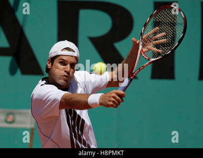 Tommy Haas, Deutschland, eine Rückhand, Tennis, das ITF-Grand-Slam-Turnier zu spielen Französisch Open 2009, Roland Garros, Paris, Frankreich Stockfoto