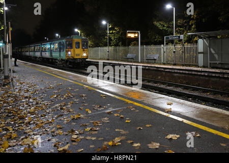 Herbstblätter auf der Strecke und die Plattform auf ein South London Railway Station. Blätter sind berüchtigt für die Entstehung von Zugverspätungen. Stockfoto