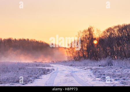 Winter nebligen farbenfrohen Sonnenaufgang. Ländliches Nebel und frostigen Motiv in Belarus Stockfoto