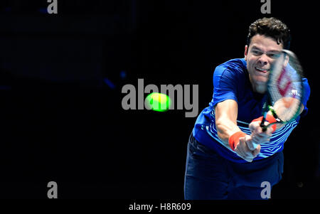 London, UK. 15. November 2016. Barclays ATP World Tour Finals 02 Arena London UK Novak Djokovic SRB V Milos Raonic kann Raonic in Aktion während des Spiels Foto: Leo Mason Bruchteil einer Sekunde Credit: Leo Mason/Alamy Live News Stockfoto