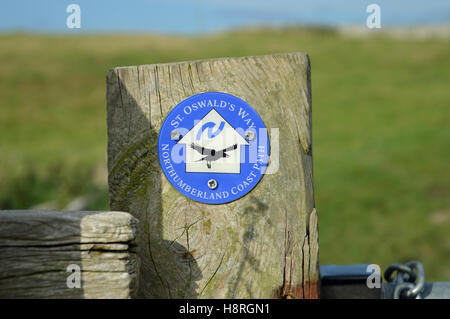 St. Oswald-Weg-Wanderweg-Markierung auf Säule in der Nähe von gemeinsame, Northumberland Stockfoto