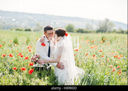 Hochzeitspaar auf dem Feld von Mohn in der Liebe Stockfoto