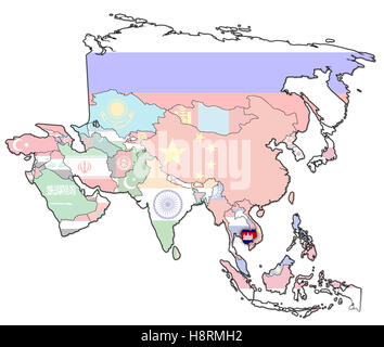 alte politische Karte von Asien mit Flagge von Kambodscha Stockfoto