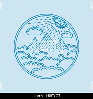 Flache lineare Landschaft Abzeichen Pfingstmontag Gebirge, Wolke und Sonne. Vektor-Illustration. Stock Vektor