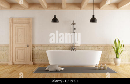 Badezimmer im rustikalen Stil mit modernen Badewanne - 3d rendering Stockfoto