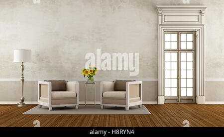 Retro-Wohnzimmer mit zwei Sessel und hohe Fenster - 3d rendering Stockfoto