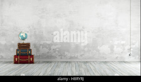 Altes Zimmer mit bunten Lederkoffer, weiße Wand und Holzboden - 3d rendering Stockfoto