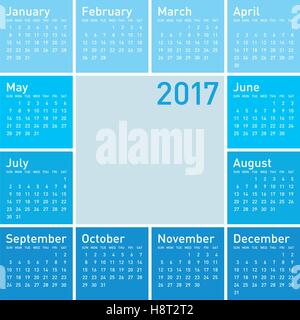 Blauer Kalender für das Jahr 2017 im Vektor-Format. Stock Vektor