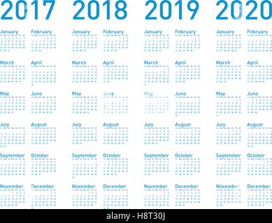 Einfache blaue Kalender für die Jahre 2017, 2018, 2019 und 2020 im Vektor-Format. Stock Vektor