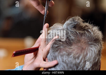 Rückansicht des alten Mannes während Haarschnitt Stockfoto