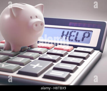 Sparschwein auf einen Rechner, der das Wort "Hilfe" auf dem Display zeigt. Stockfoto