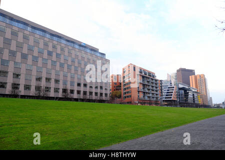 Tilla Durieux Park mit Pfizer Bürogebäude auf der linken Seite und modernen Gebäude am Potsdamer Platz in Berlin Mitte, Berlin, Deutschland, EU KATHY DEWITT Stockfoto