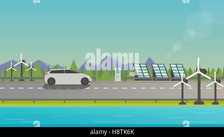 Flat illustration of electromobile on highway near windmill, solar panels and beautiful nature. Stock Vektor