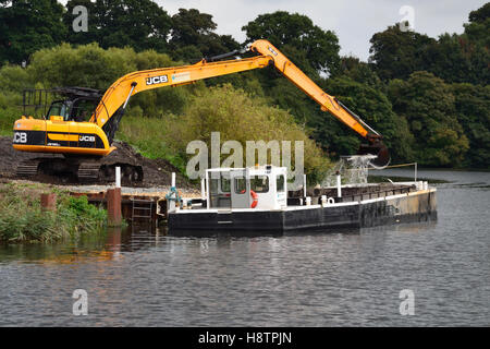 JS180 verfolgt Bagger Abladen Baggergut Abfälle aus einem Broads Behörde Lastkahn auf dem Fluß Yare, Norfolk Broads Stockfoto