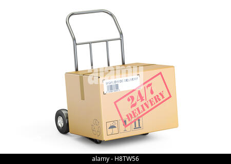 24/7 Lieferung Konzept. Karton auf Sackkarre, 3D rendering isolierten auf weißen Hintergrund Stockfoto