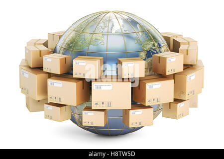 Versand und Lieferung Gesamtkonzept, Parzellen Kartons um die Erde. 3D-Rendering isoliert auf weißem Hintergrund Stockfoto